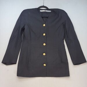 Eleanor P Brenner Blazer Womens 6 Black Vintage Raw Silk Gold‎ Crest Button